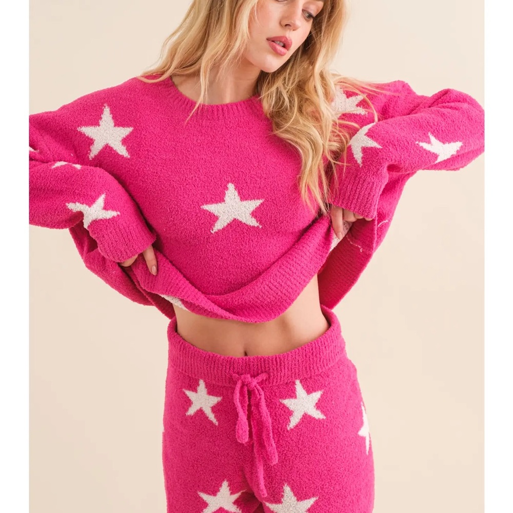 Star Print Soft Long Sleeve Top & Shorts Lounge Set in Pink - Picture 4 of 7